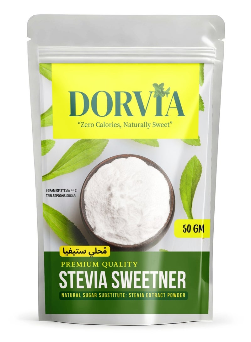 DORVIA Stevia Sweetener Powder (50g) | 100% Plant-Based Natural Sugar Substitute | Sweetness Equal to 2kg Sugar | Zero Calorie, Keto & Diabetic Friendly | No Aspartame, Acesulfame, Sucralose, or Erythritol | Healthy Low-Glycemic Sweetener - Image 1